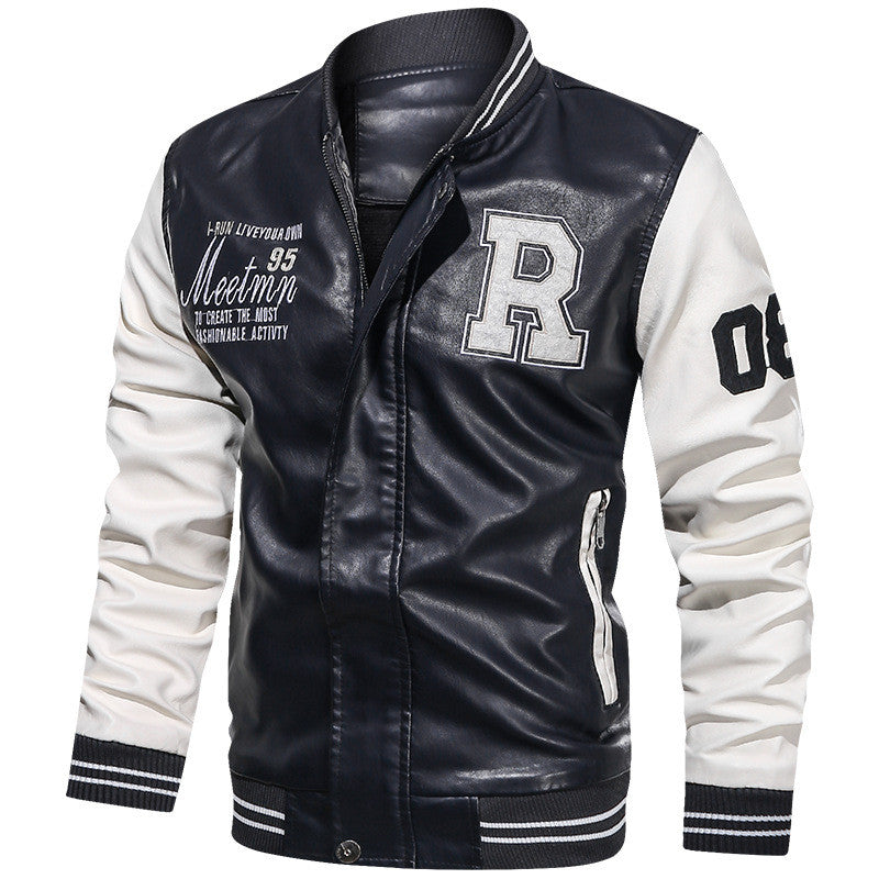 Baseball Jacket Plush PU Leather Men's Motorcycle Jacket