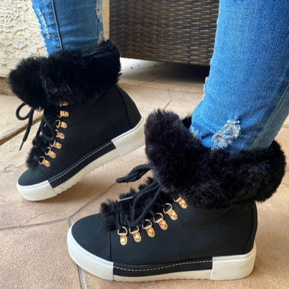 Elegant Women's Girl's Lace-up Boots Cute Thick Sole Winter Keep Warm Plush Lined Furry Ankle Boots