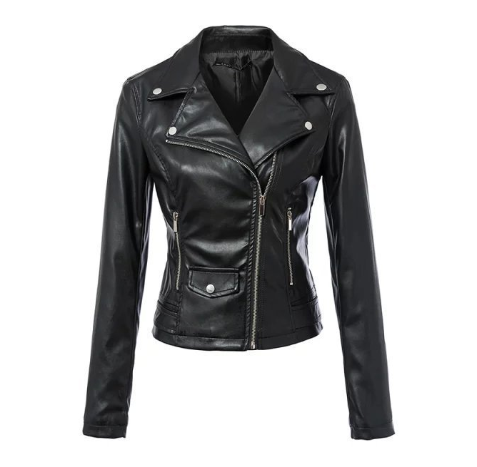 Elegant Women's Leather Motorcycle Jacket Coats Black Outerwear leather PU Jacket