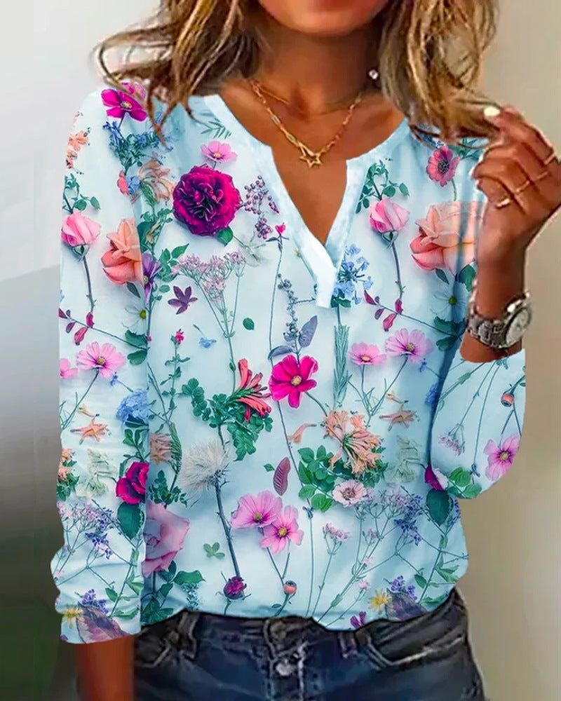 Lovely Women's Printed V-neck Long-sleeved T-shirt Top Blue