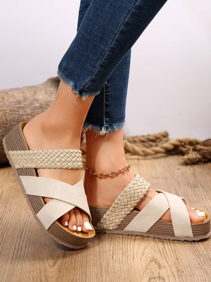 Elegant Woven Cross-strap Slippers Summer Platform Sandals Women Flat Beach Shoes