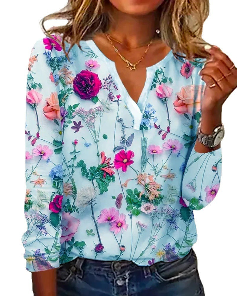 Lovely Women's Printed V-neck Long-sleeved T-shirt Top