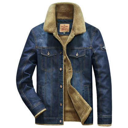 Cute Men's Denim Warm Fleece Multi-Pocket Winter Jacket Male