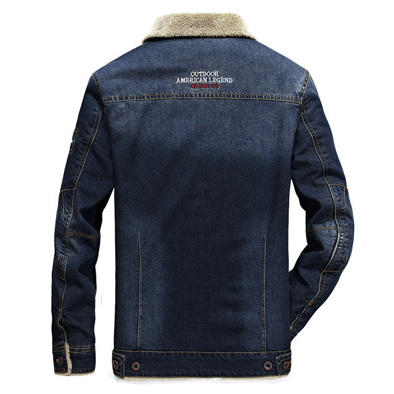 Cute Men's Denim Warm Fleece Multi-Pocket Winter Jacket Male