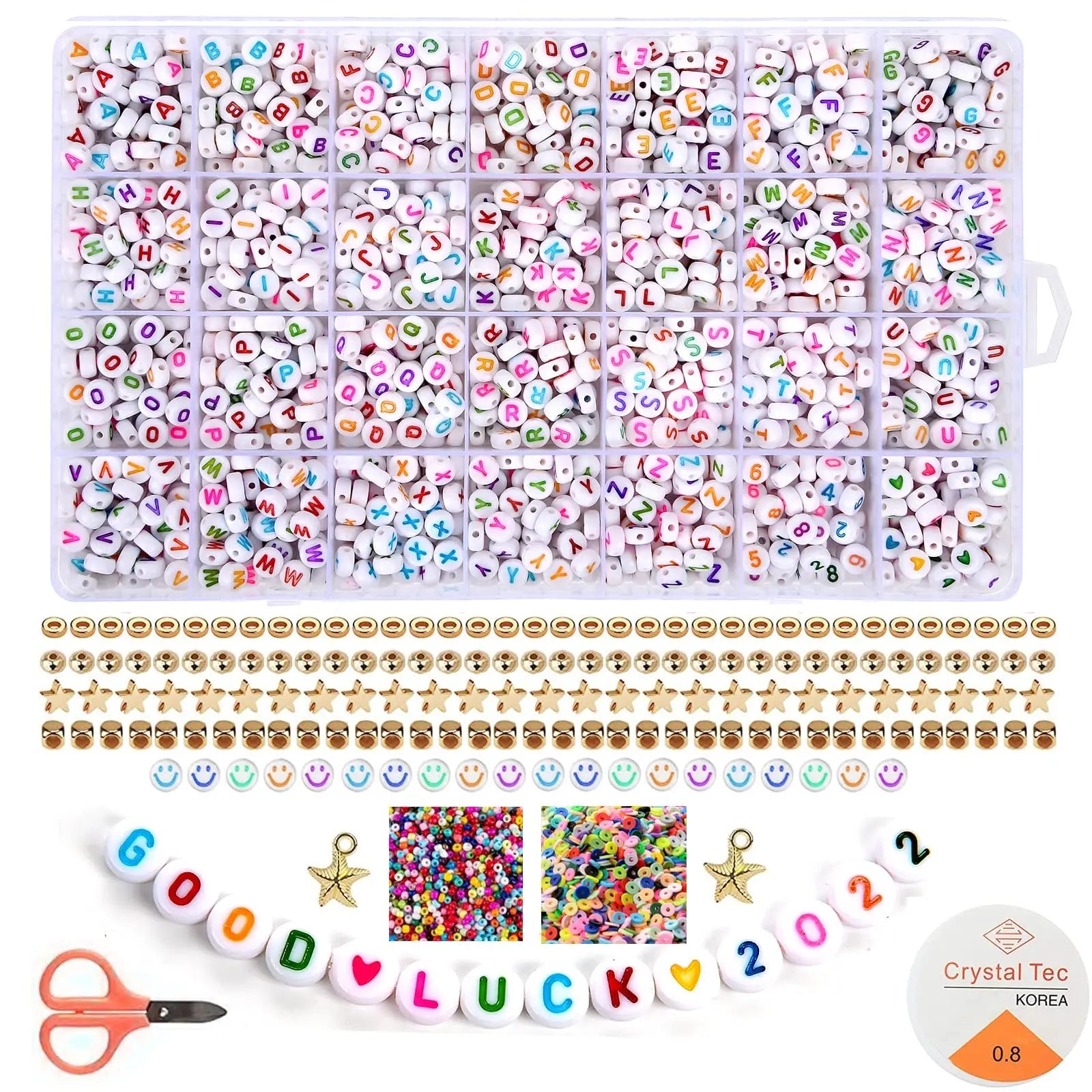 2400pcs Mixed Letter Beads for Bracelets Making Kit Acrylic Alphabet Beads for Jewelry Making DIY Necklace Accessories 7x4mm 26 colorful letters