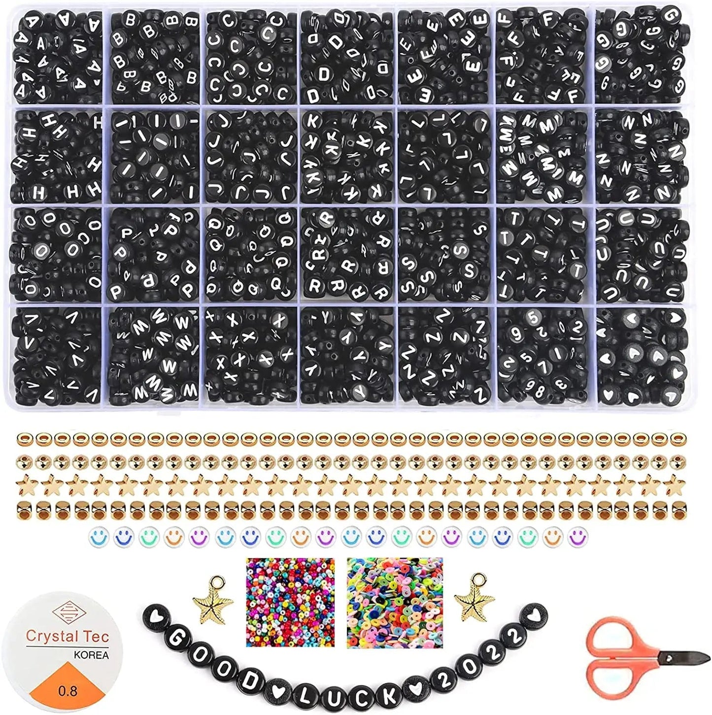 2400pcs Mixed Letter Beads for Bracelets Making Kit Acrylic Alphabet Beads for Jewelry Making DIY Necklace Accessories 7x4mm 26 black letters