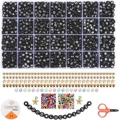 2400pcs Mixed Letter Beads for Bracelets Making Kit Acrylic Alphabet Beads for Jewelry Making DIY Necklace Accessories 7x4mm 26 black letters