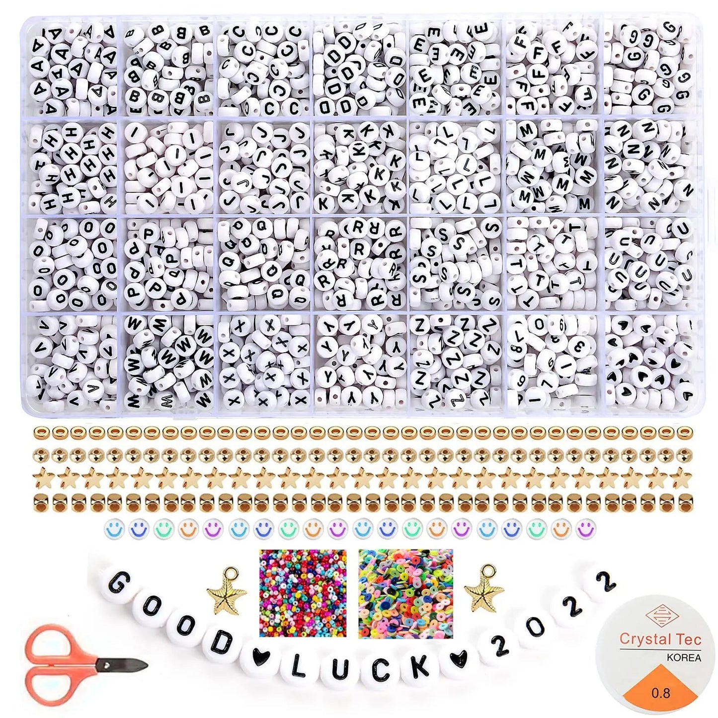 2400pcs Mixed Letter Beads for Bracelets Making Kit Acrylic Alphabet Beads for Jewelry Making DIY Necklace Accessories 7x4mm 26 white letters