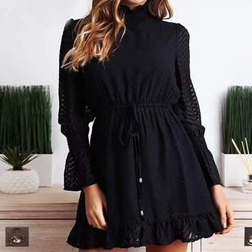 Lovely Women's High collar Black Transparent Stripes Long Sleeve Dress