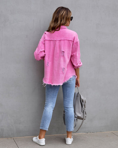 Comfy Women's Fashion Ripped Shirt Jacket Autumn Spring Season