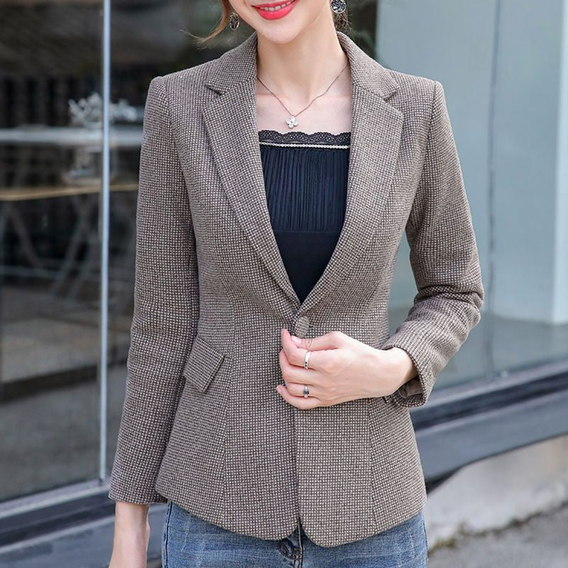 Elegant Women's Woolen Suit Jacket Thickened And Slimmer Plaid 2023