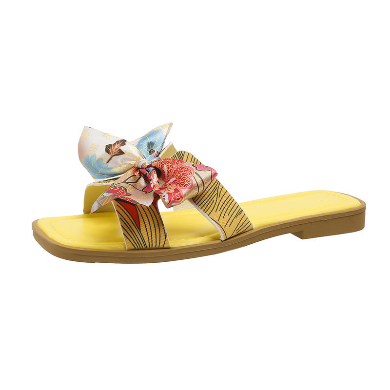 Ribbon Bow Sandals Summer New Square Toe Low Heel Sandal For Women Slides Fashion Casual Female Beach Shoes Yellow