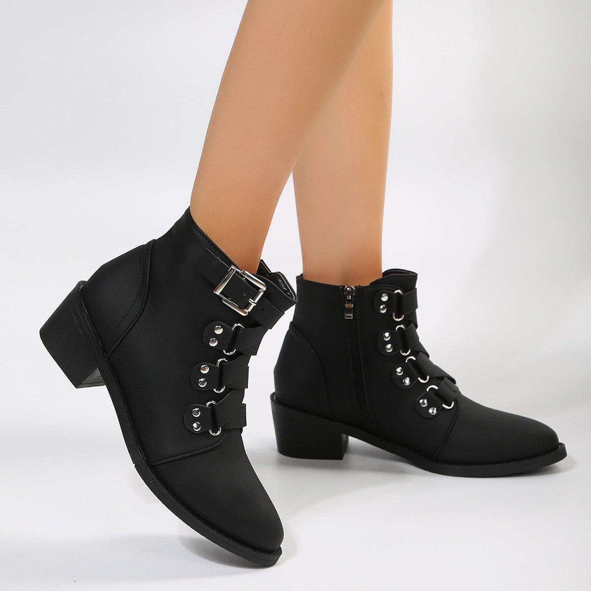 Elegant Women Ankle Boots With Side Zipper And Belt Buckle Winter Knight Boot