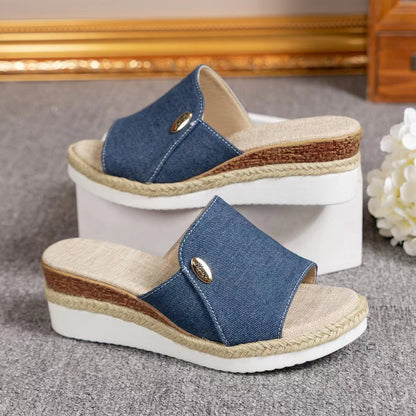 Denim Canvas Female Wedges Sandals Summer Fashion Hemp High Heel Slippers Outdoor Thick Bottom Fish Mouth Shoes For Women