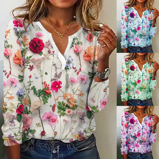 Lovely Women's Printed V-neck Long-sleeved T-shirt Top