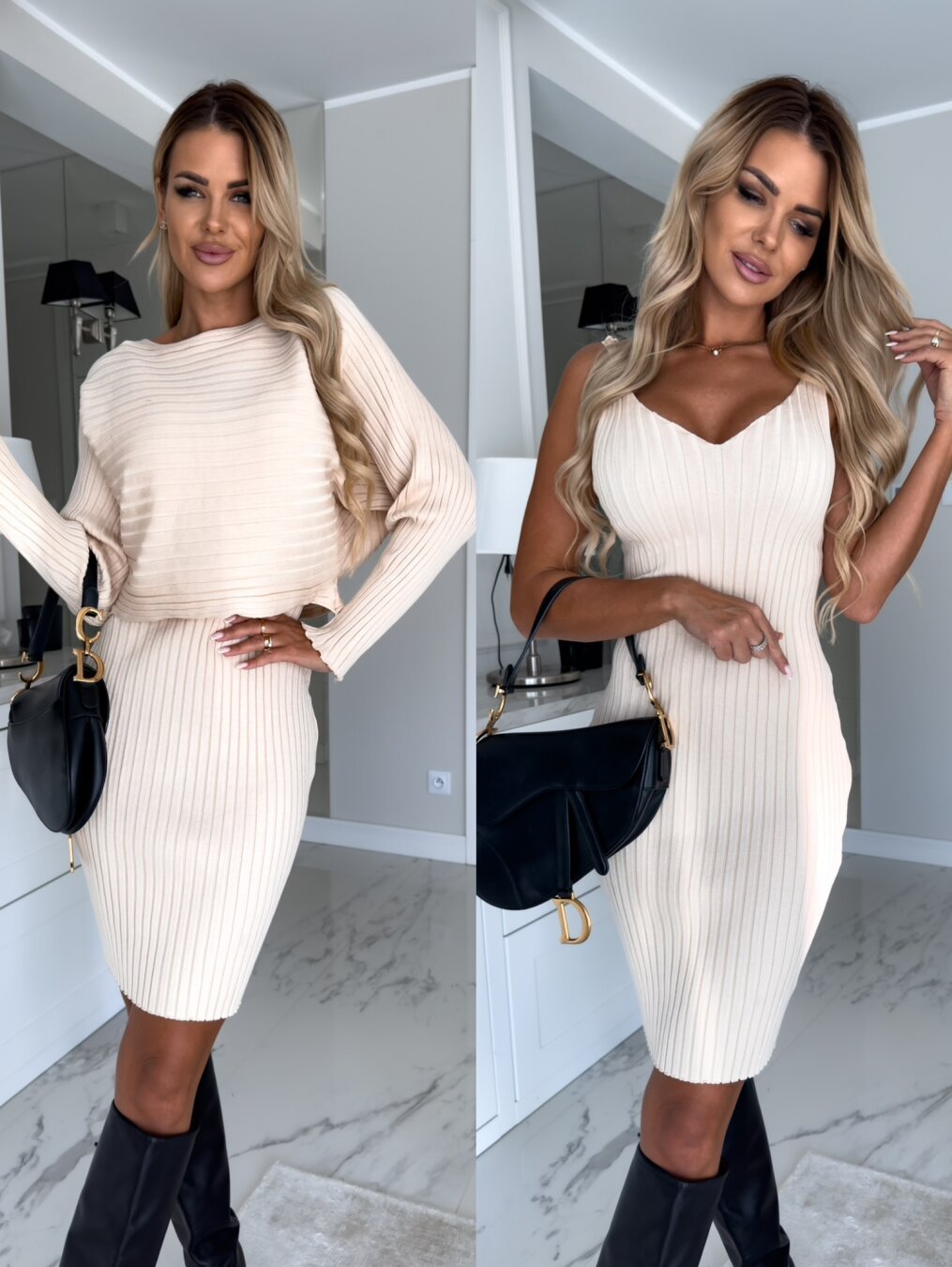 2pcs Suit Women's Solid Stripe Long-sleeved Top And Tight Suspender Skirt Dress Beige 2XL