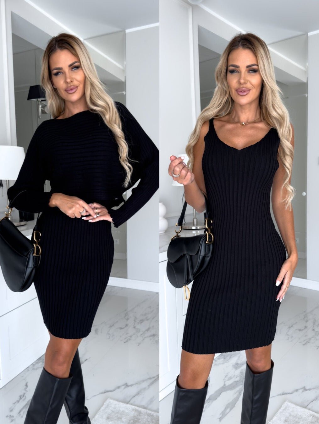 2pcs Suit Women's Solid Stripe Long-sleeved Top And Tight Suspender Skirt Dress Black S