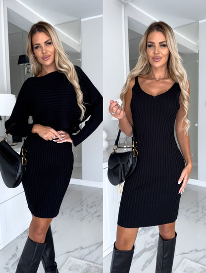 2pcs Suit Women's Solid Stripe Long-sleeved Top And Tight Suspender Skirt Dress Black 2XL