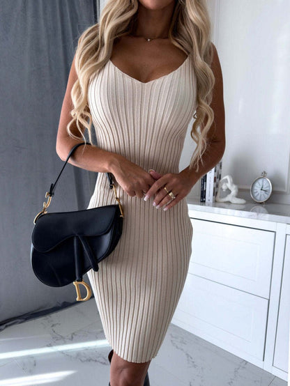 2pcs Suit Women's Solid Stripe Long-sleeved Top And Tight Suspender Skirt Dress