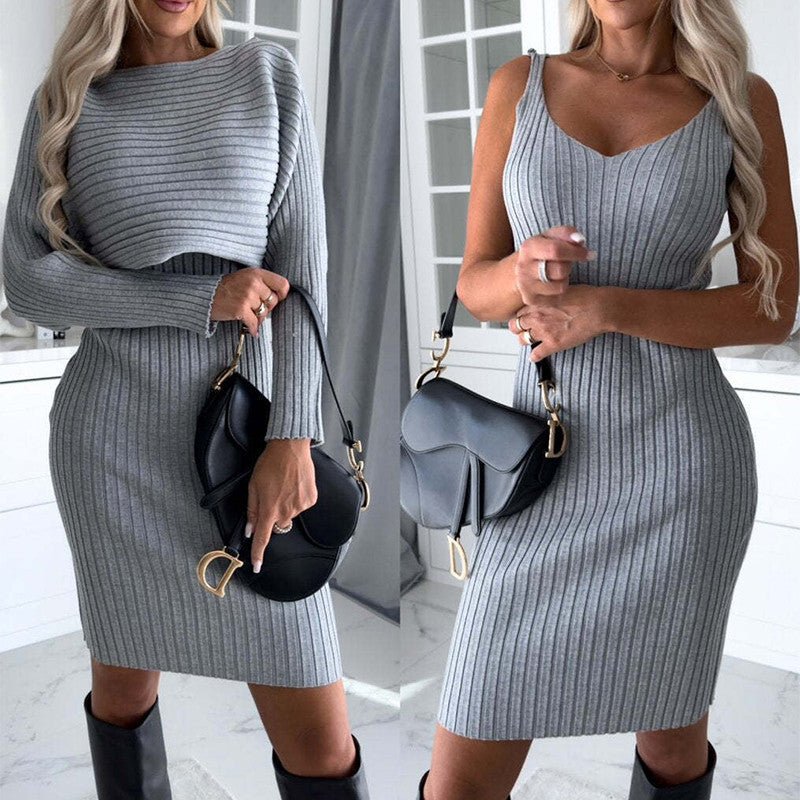 2pcs Suit Women's Solid Stripe Long-sleeved Top And Tight Suspender Skirt Dress