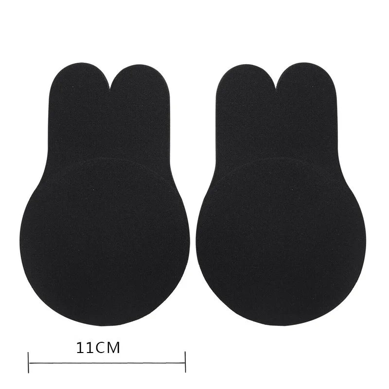 2pcs/1 Pair Rabbit Ear Reusable Silicone Bust Nipple Cover Pasties Stickers Breast Adhesive Invisible Bra Lift Tape Black-11cm one size