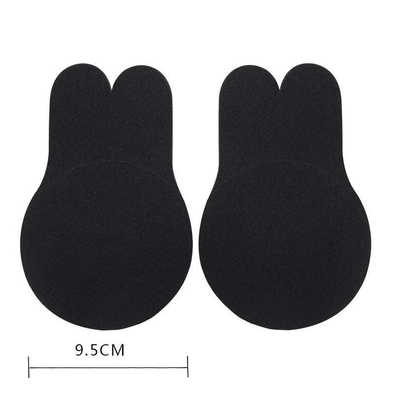 2pcs/1 Pair Rabbit Ear Reusable Silicone Bust Nipple Cover Pasties Stickers Breast Adhesive Invisible Bra Lift Tape Black-9.5cm one size