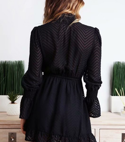 Lovely Women's High collar Black Transparent Stripes Long Sleeve Dress