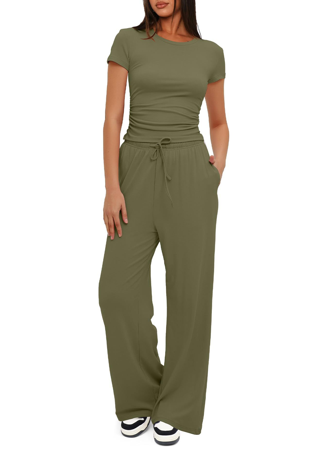 Women's 2pcs Solid Color Casual Sports Yoga Suit Short-sleeved Top And High-waisted Drawstring Wide-leg Pants Summer Fashion Set For Women Clothing Army Green