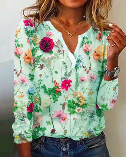 Lovely Women's Printed V-neck Long-sleeved T-shirt Top Green