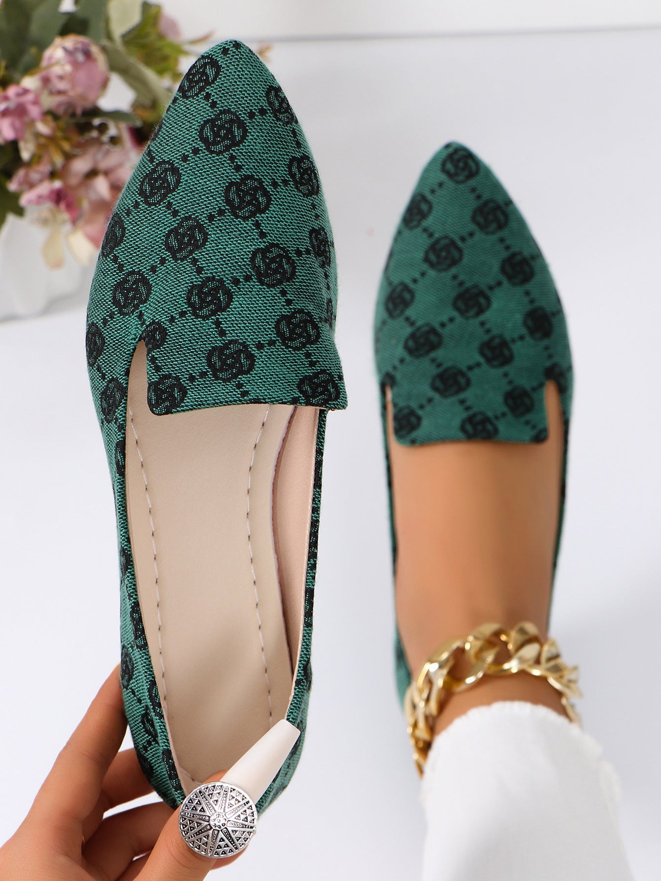 Lovely Women's Rose Print Flats Shoes Fashion Casual Pointed Toe Canvas Loafers Lazy Shoes For Female Women Green