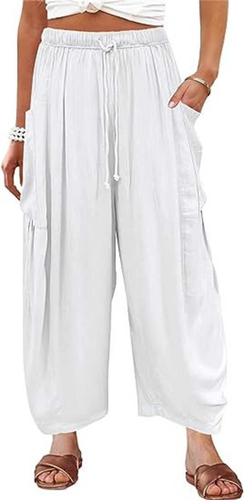 Fashion Wide Leg Pants Summer Loose Elastic High Waist Pleated Trousers Solid Color Womens Clothing White