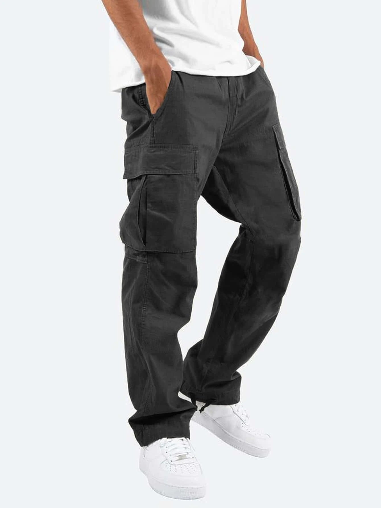 Elegant Men's Workwear Drawstring Multi-pocket Casual Pants Black