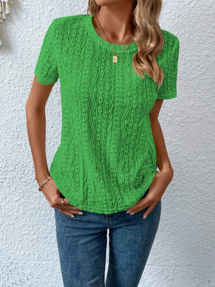 Lovely Women's Female Hollowed Leisure Solid Color Round Neck T-shirt For Women Green