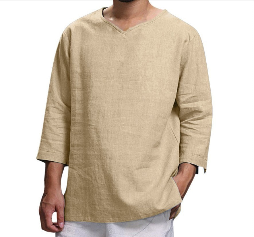 Loose Casual V-neck Top Cotton And Linen Long Sleeve Pullover Shirt Mens Clothing Khaki