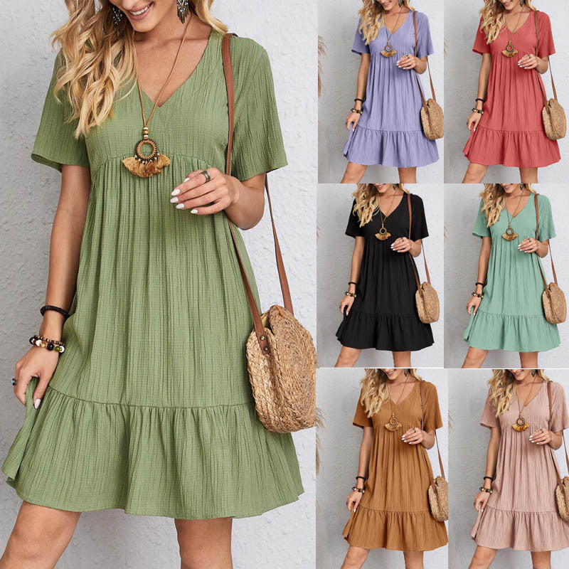 Lovely Women's Summer V-neck Dresses Women's Loose Casual Short-sleeved Corset Dress