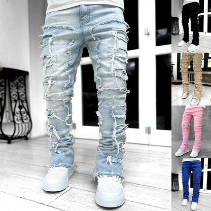 Cute Men's Trousers Individual Patched Pants Long Tight Fit Jeans For Mens Clothing