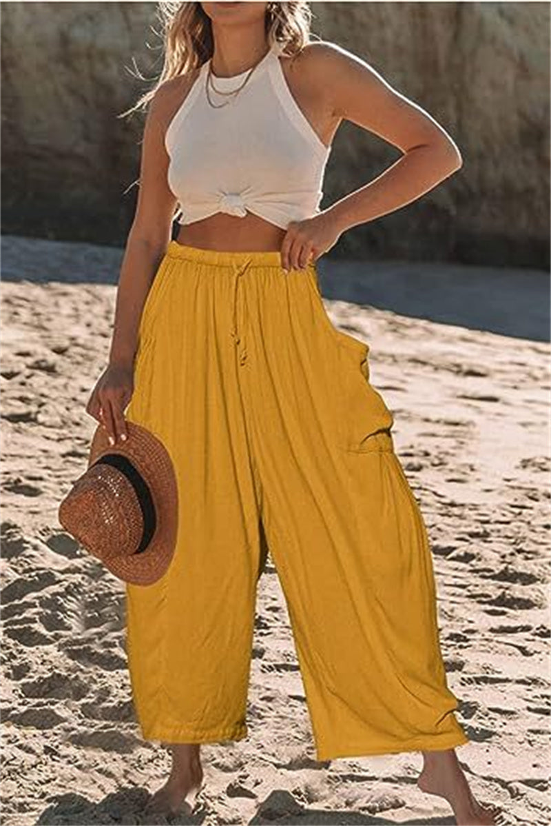 Fashion Wide Leg Pants Summer Loose Elastic High Waist Pleated Trousers Solid Color Womens Clothing Yellow