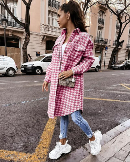 Lovely New Houndstooth Print Woolen Coat Jacket Mid-Length Women Ladies Clothing