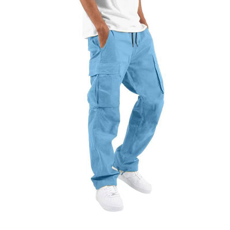 Elegant Men's Workwear Drawstring Multi-pocket Casual Pants Lake blue