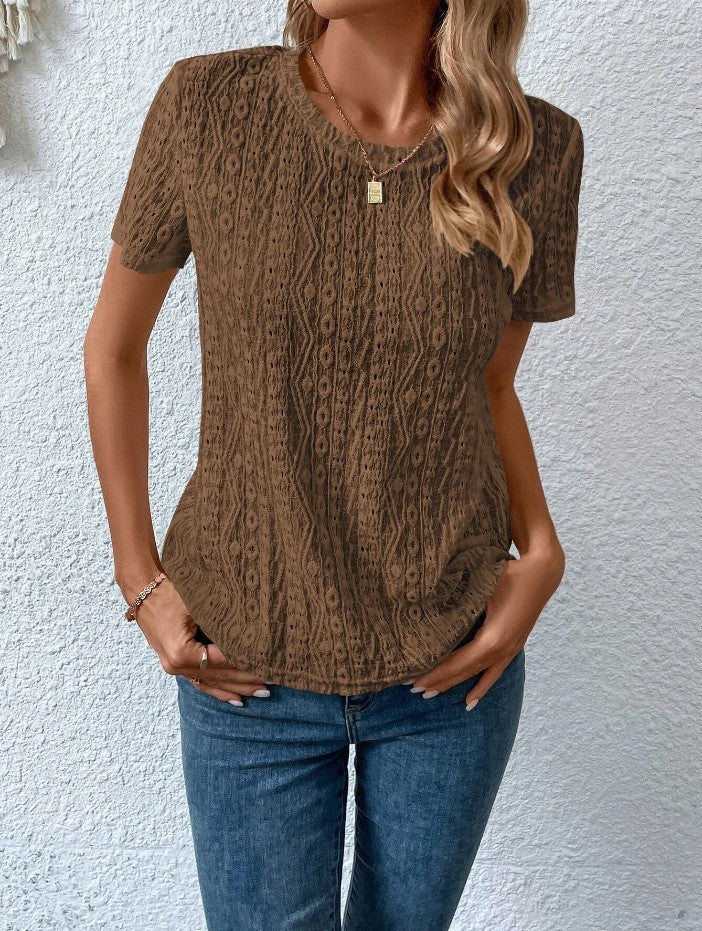 Lovely Women's Female Hollowed Leisure Solid Color Round Neck T-shirt For Women Brown