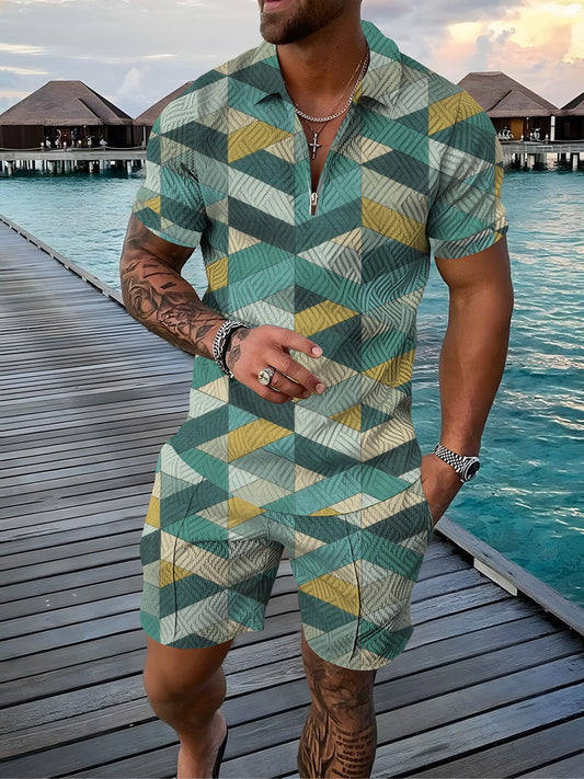 Men's Summer Fashion 3D Printed Short Sleeve Geometric Zip Lapel Shirt Set