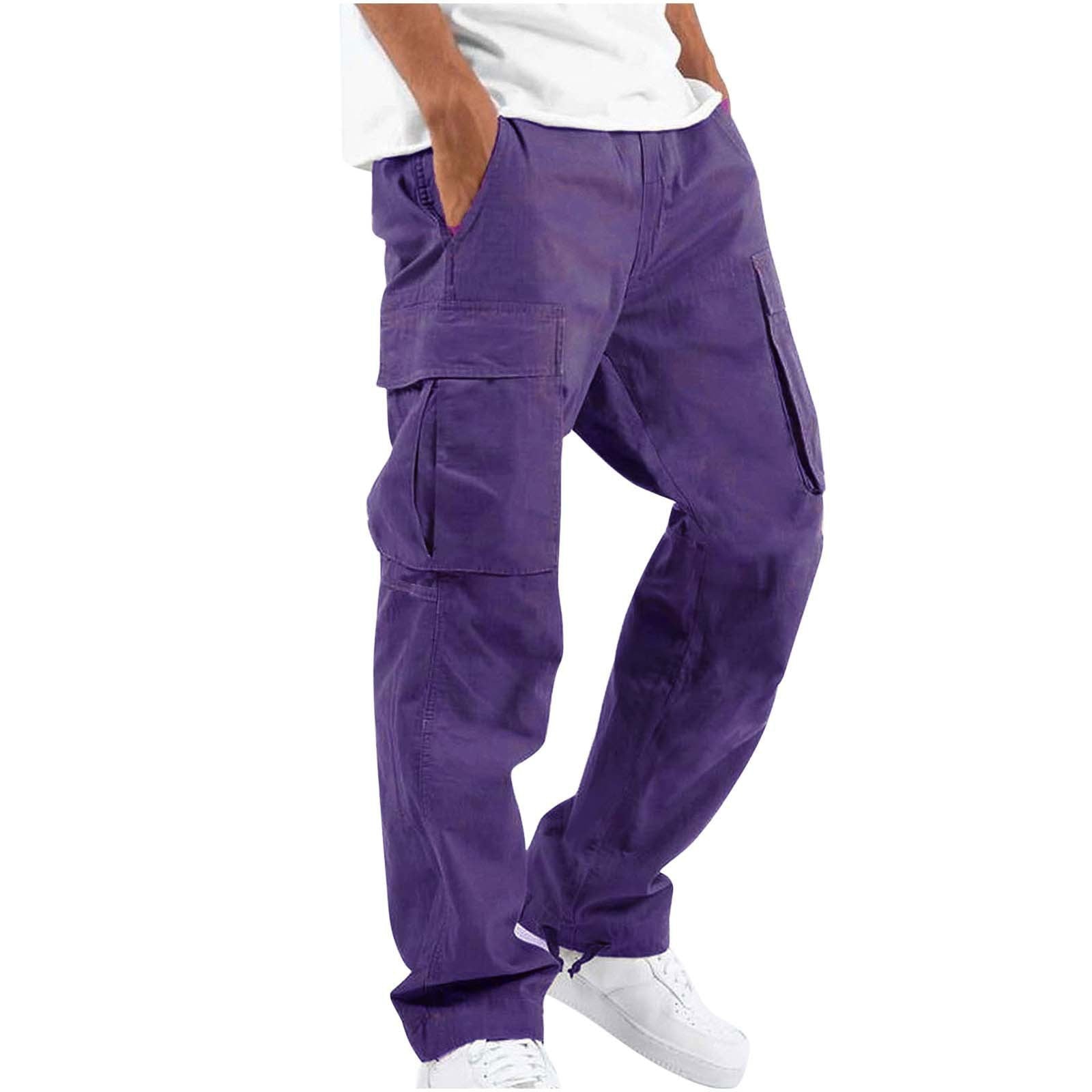 Elegant Men's Workwear Drawstring Multi-pocket Casual Pants Purple