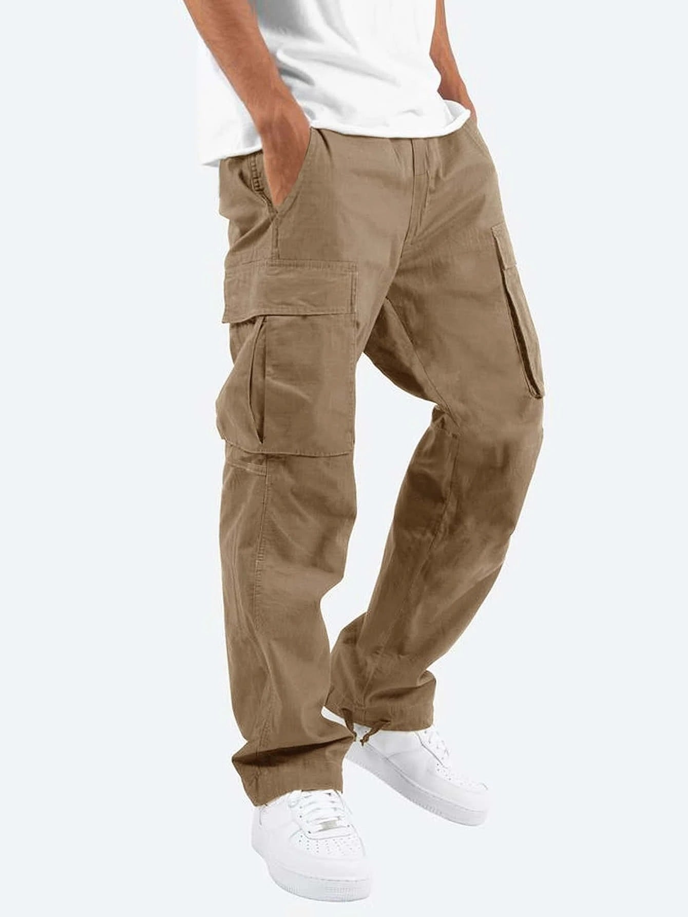 Elegant Men's Workwear Drawstring Multi-pocket Casual Pants Khaki