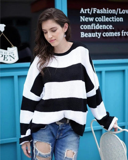 Lovely Urban Trendy Striped Colour Block Sweater For Women 2023