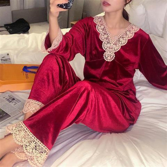 Lovely Comfy Women's Elegant Pajamas Autumn Spring Female Sleeping suit Wine red