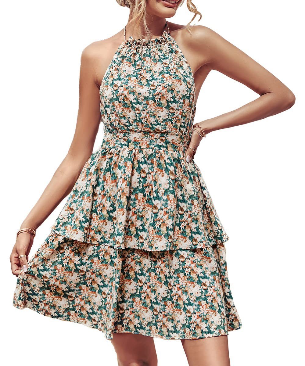 Lovely Women's Female Summer Printed Halter Dress Fashion Boho Backless Ruffled A-Line Beach Clothing Green Apricot