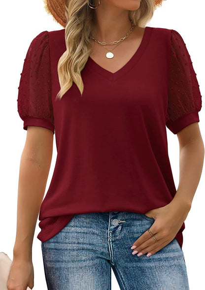 Womens Summer Tops V Neck T Shirts Dot Puff Sleeve Tops Loose Casual Tshirts Burgundy