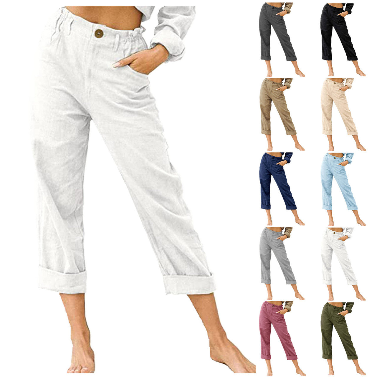 Lovely Women's Cotton Linen Pants Patch work Elastic Waist Pants Trousers