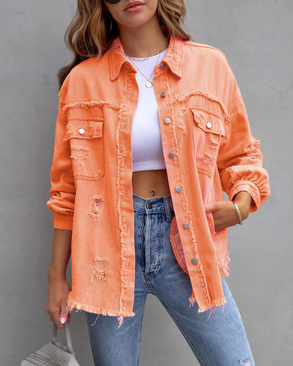 Comfy Women's Fashion Ripped Shirt Jacket Autumn Spring Season