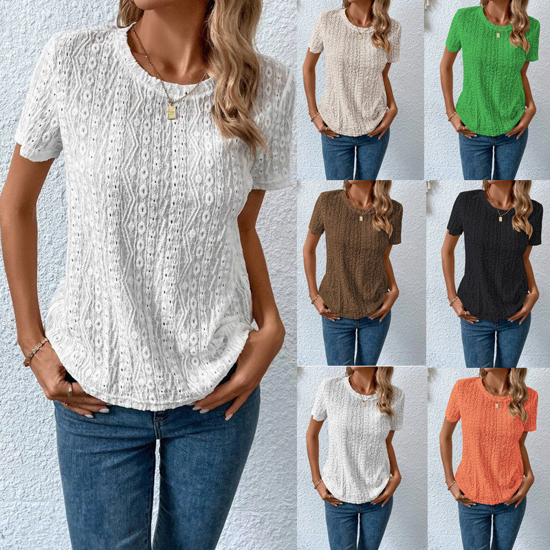 Lovely Women's Female Hollowed Leisure Solid Color Round Neck T-shirt For Women